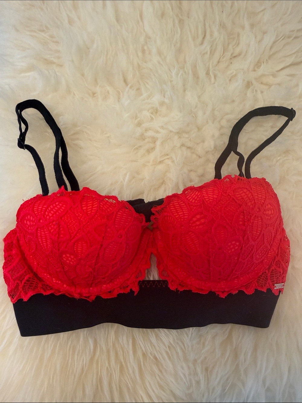 VS Pink Lace Balconette Bra with Black Band - Red